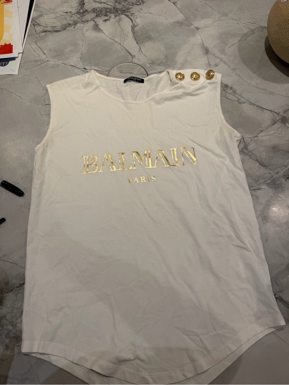 Balmain White Logo Tank with Gold Shoulder Buttons